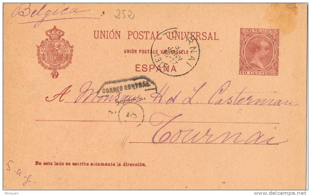 6566. Entero Postal 10 Cts, MADRID 1901 A Tournai (Belgica), Num 31B º - 1850-1931