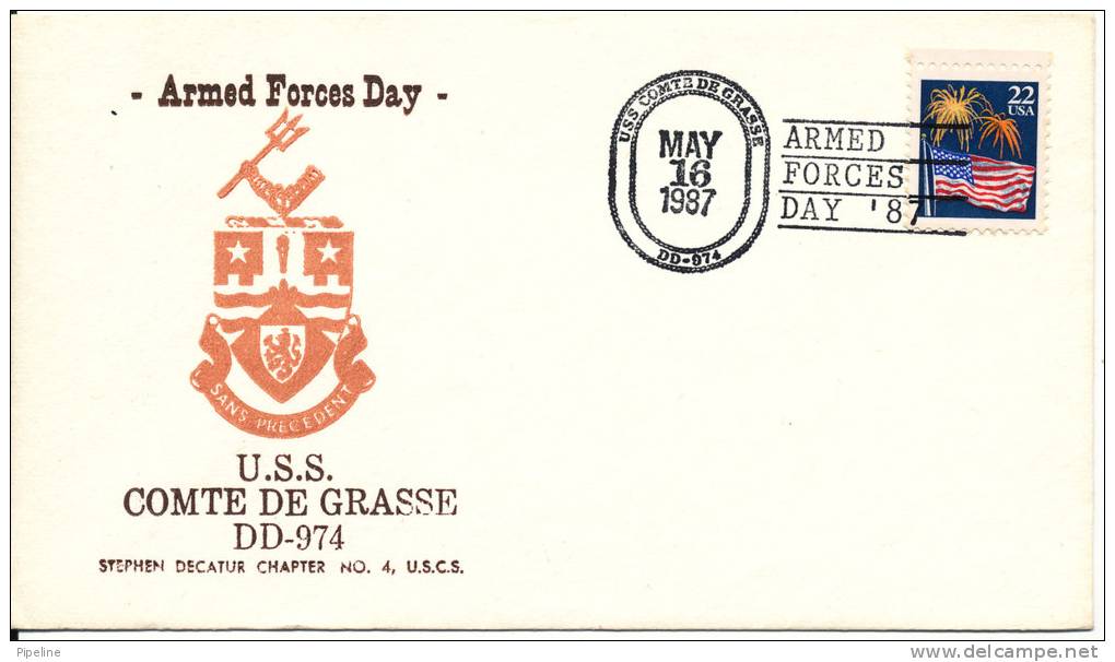 USA Cover Armed Forces Day 16-5-1987 U.S.S. Comte De Grasse DD-974 With Cachet - Omslagen Van Evenementen