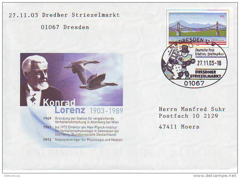 0407j: Sonderbeleg Konrad Lorenz/ Nobelpreis/ Graugänse Auf Deutschland- Ganzsache 2003 - Oche