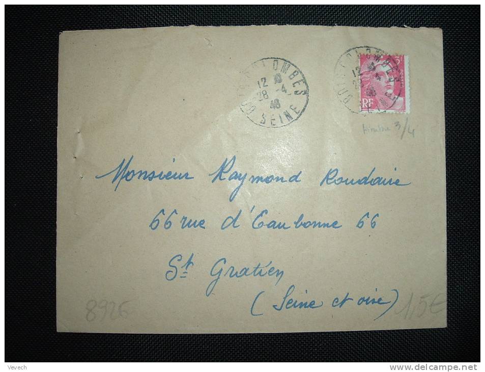 LETTRE TP MARIANNE DE GANDON 3 F VARIETE OBL. 28-4-48 BOIS-COLOMBES (92 HAUTS DE SEINE) - 1945-54 Marianne Of Gandon