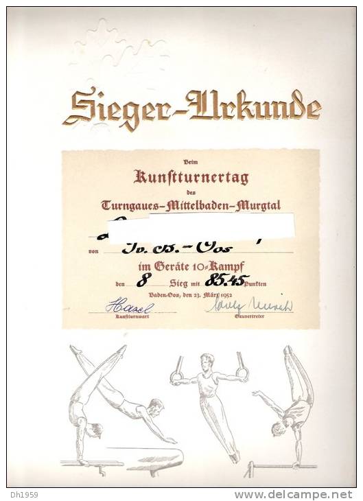 GYMNASTIQUE TURNGAU MITTELBADEN MURGTAL 1952 KUNSTTURNERTAG  BADEN - OOS  SIEGER - URKUNDE - Diploma's En Schoolrapporten