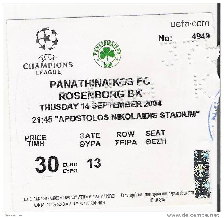 Panathinaikos Vs Rosenborg BK/Football/UEFA Champions League Match Ticket - Tickets D'entrée