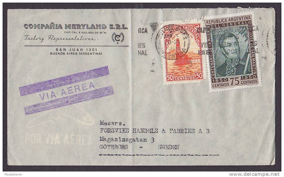 Argentina Airmail Via Aerea COMPANIA MERYLAND S.r.l. BUENOS AIRES 1951 Cover Letra To GÖTEBORG Sweden Aeroplane Cachet - Lettres & Documents