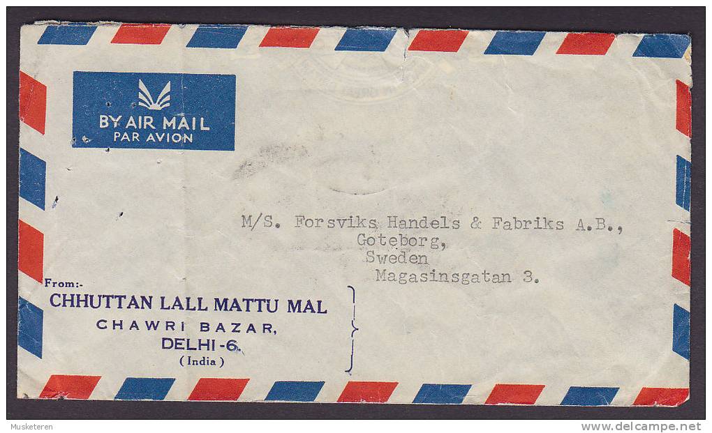 India Airmail CHHUTTAN LALL MATU MAL Chawri Bazar Delhi-6 1952? Cover To GÖTEBORG Sweden Backside Franking (2 Scans) - Cartas & Documentos