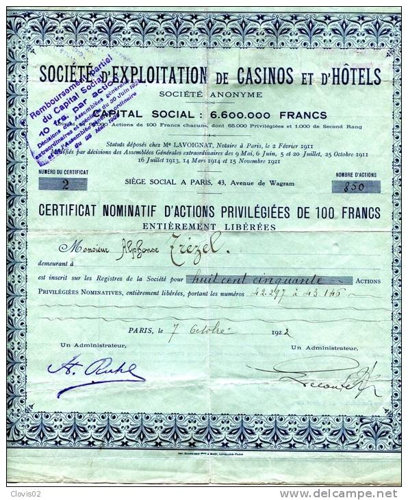 Société D' Exploitation De Casinos Et D'Hôtels Action Privilégiée De 100 Francs De 1925 - Casino