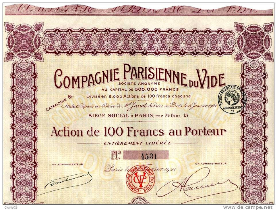 Compagnie Parisienne Du Vide Part De Fondateur De 1921 Fond Rouge - Industrie