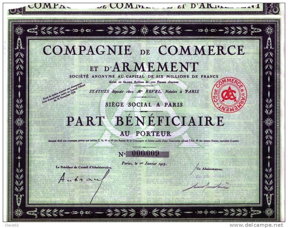 Compagnie De Commerce Et D'Armement Part Bénéficiaire De 1925 - Transporte