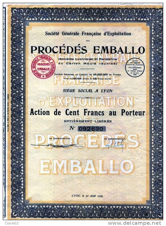 Société Générale Française D'Exploitation Des Procédés Emballo Action De 100 Francs De 1929 - Industrie