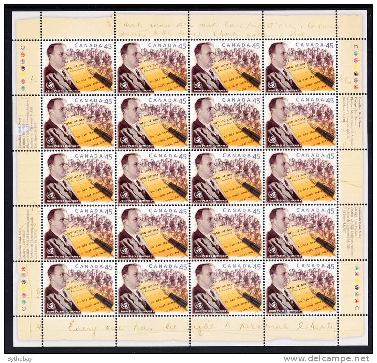 Canada MNH Scott #1761 Sheet Of 20 45c John Peters Humphrey, Universal Declaration Of Human Rights - Feuilles Complètes Et Multiples