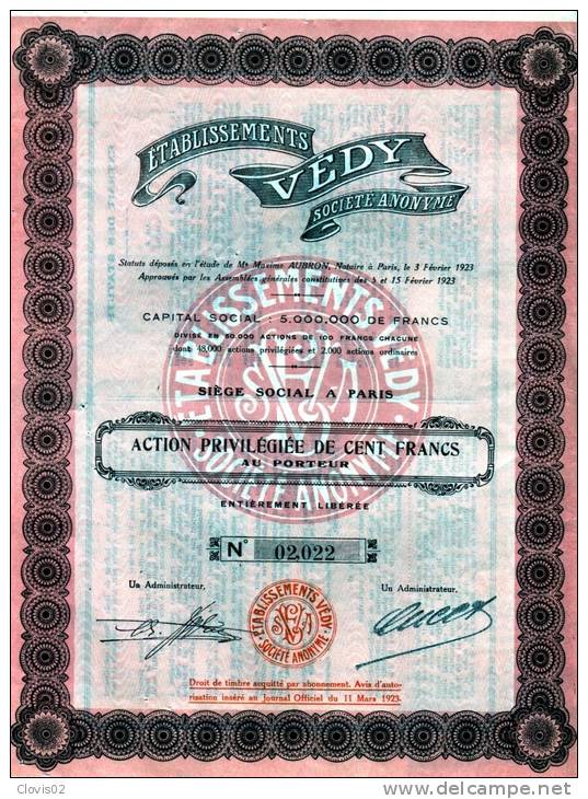 Etablissements Védy Action Privilégiée De 100 Francs De 1923 - Industrie