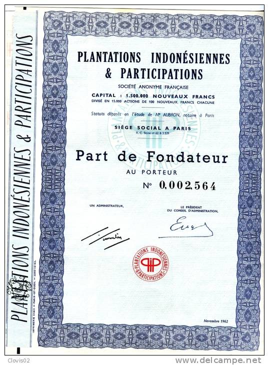 Plantations Indonésiennes Et Participations Part De Fondateur De 1962 - Asia