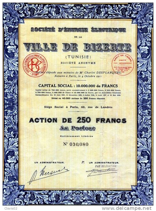 Société D' Energie Electrique De La Ville De Bizerte Action De 250 Francs De 1939 - Africa