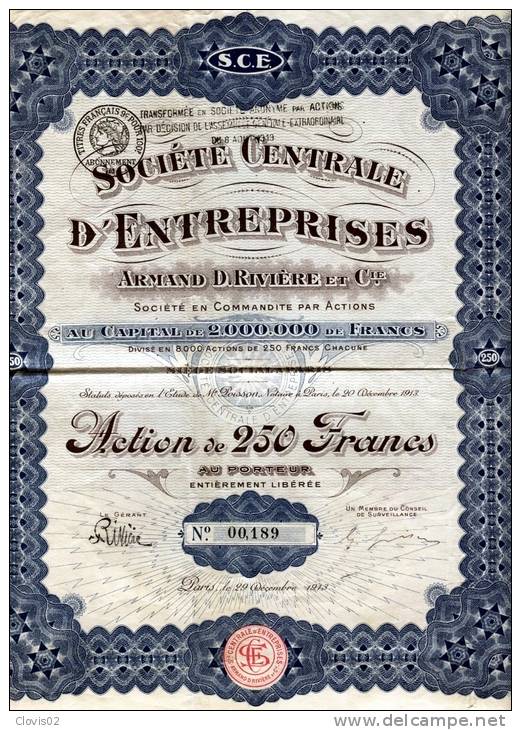 Société Centrale D'Entreprises Action De 250 Francs De 1913 - Elektrizität & Gas