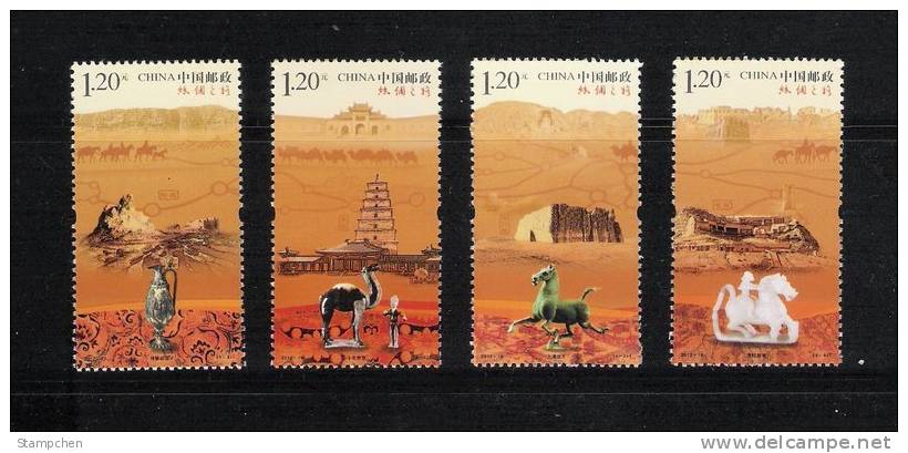 China 2012-19 Silk Road Stamps Camel Horse Map Relic Pagoda Buddha Cattle Jade Tea Pot Desert - Textile