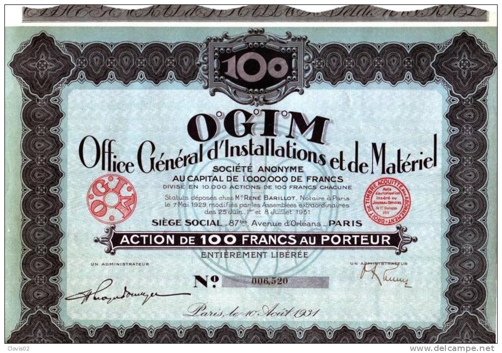 Office Général D'Installations Et De Matériel Action De 100 Francs De 1931 - Industrie