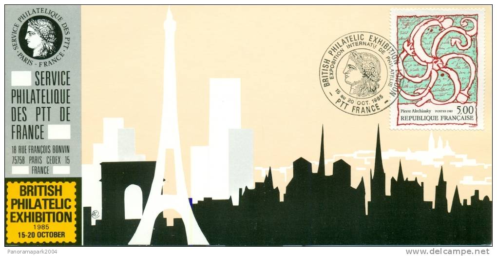 019 Carte Officielle Exposition Internationale Exhibition British Philatelic 1985 France Tour Eiffel Paris Alechinsky - Autres & Non Classés