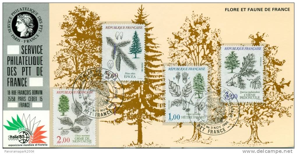 020 Carte Officielle Exposition Internationale Exhibition Italia 1985 France FDC Série Arbres Bäume Trees - Briefmarkenausstellungen