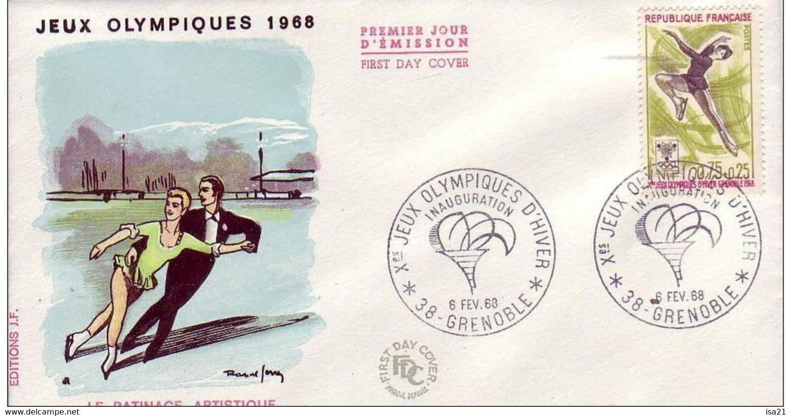 Premier Jour D'émission FDC Enveloppe JO GRENOBLE Le Patinage Artistique Couple 6 Fev 1968 - Invierno 1968: Grenoble