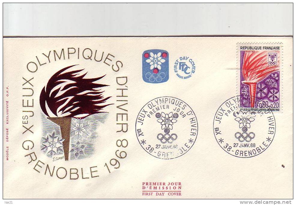 Premier Jour D'émission FDC Xème JO D'hiver GRENOBLE La Flamme 27 Janvier 1968 - Hiver 1968: Grenoble