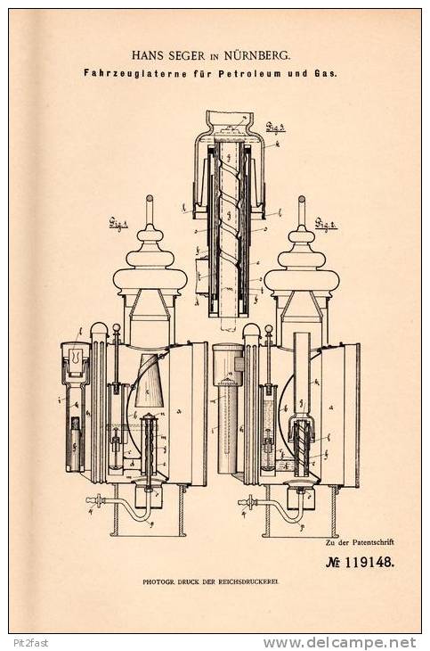 Original Patentschrift - Automobil - Laterne Für Petroleum Und Gas , 1900 , H. Seger In Nürnberg , Automobile !!! - Cars