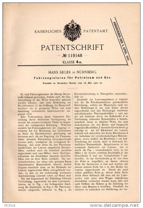 Original Patentschrift - Automobil - Laterne Für Petroleum Und Gas , 1900 , H. Seger In Nürnberg , Automobile !!! - Cars