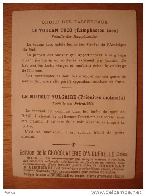 CHROMO - CARTE CHOCOLOAT D'AIGUEBELLE - LE MONDE DES OISEAUX - TOUCAN TOCO - MOTMOT VULGAIRE - ORDRE DES PASSEREAUX  6X9 - Aiguebelle