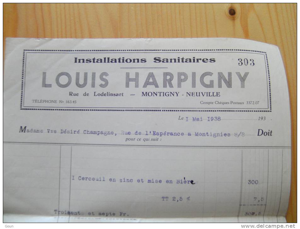 Fac Louis Harpigny Instalaltions Sanitaires Montignies-Neuville 1938 Montigny-Neuville - 1900 – 1949