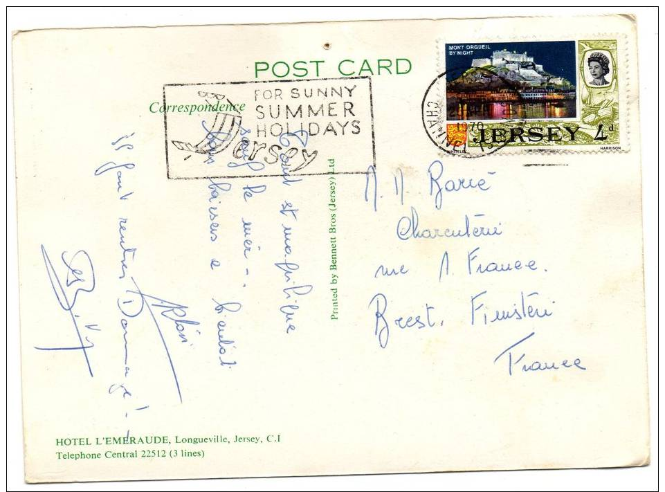 CPSM  -  JERSEY , HOTEL L' EMERAUDE , Longueville - Circulé En 1970, Voir 2 Scans - Otros & Sin Clasificación