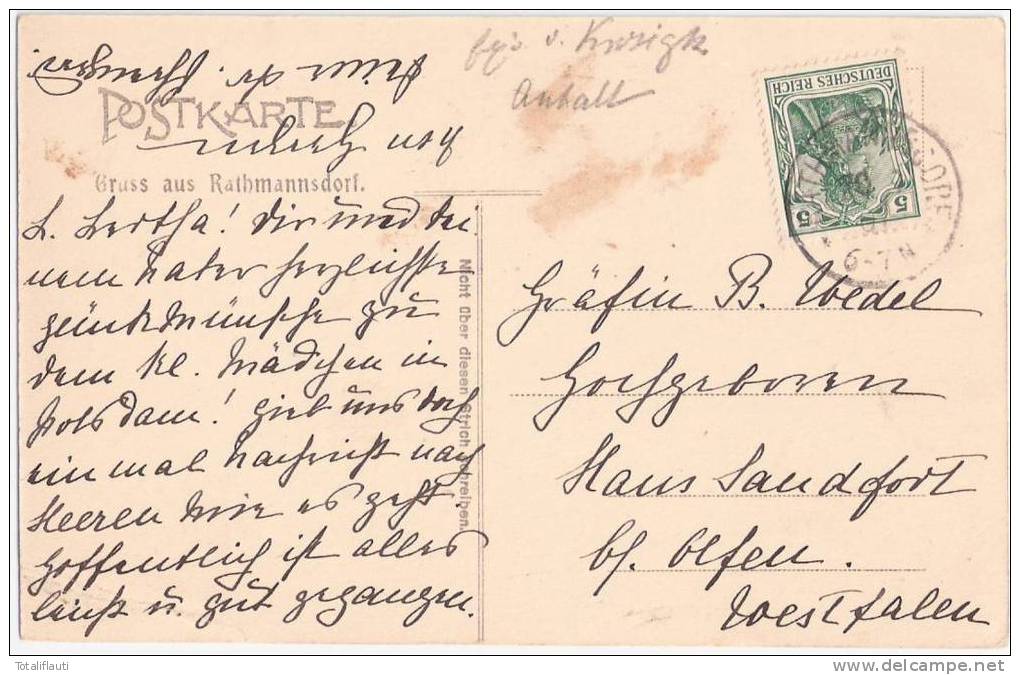 Gruss Aus Rathmanssdorf Autograph Von Krosigk An Gräfin Von Wedel Olfen 1907 - Rathmannsdorf (Sachsen)