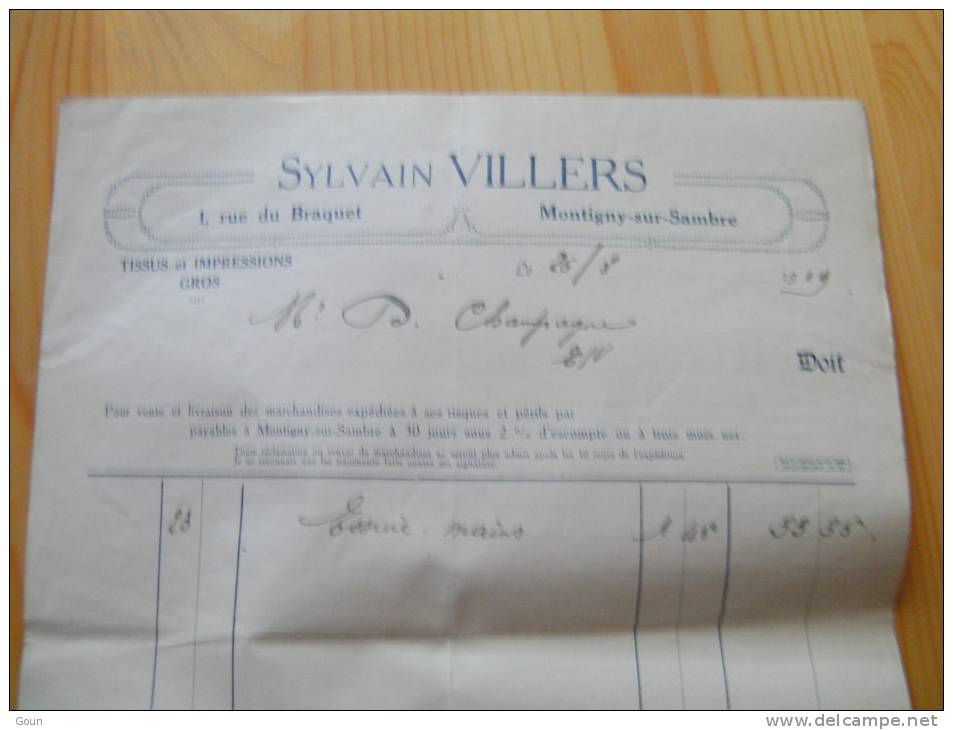 Fac Facture Sylvain Villers Tissus Montigny-Neuville Montignies-sur-Sambre 1919 - 1900 – 1949