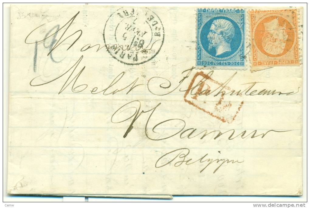 France - No 22 Et 23 Sur Lettre De Paris Vers Namur (Belgique) Du 05/02/1867, See Scan - 1862 Napoleon III