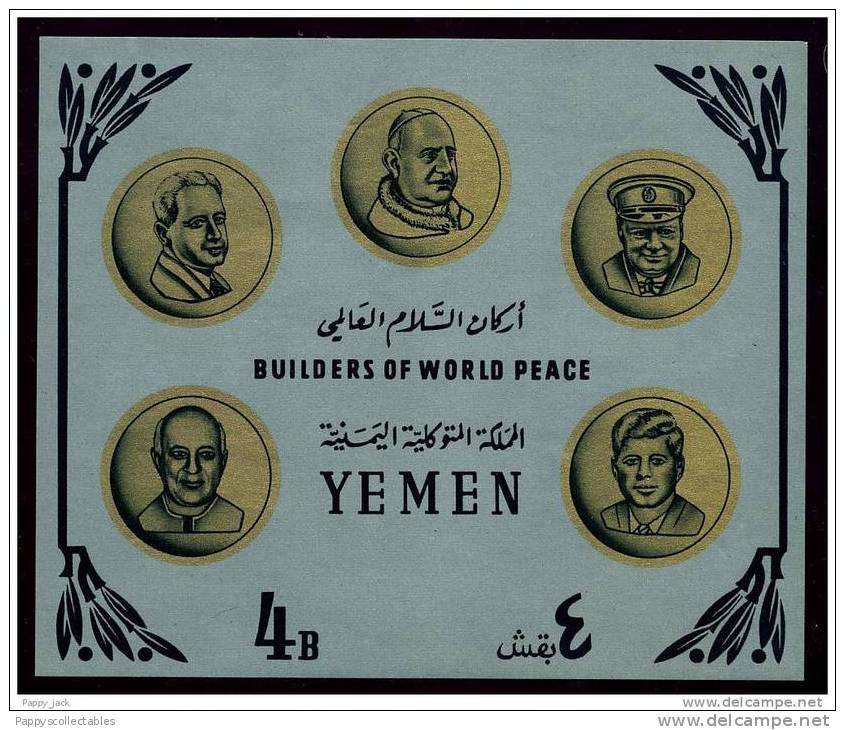 YEMEN World Peace 2X Mini Sheets Bl. 29 & 30 IMPERF BUILDERS Of World Peace KENNEDY, CHURCHILL , Nehru,  Pope,  MNH - Kennedy (John F.)