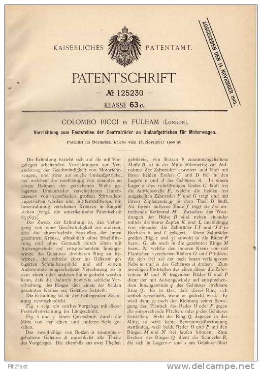 Original Patentschrift - C. Ricci In Fulham , 1900 , Getriebe Für Motorwagen , Automobile !!! - Automobili