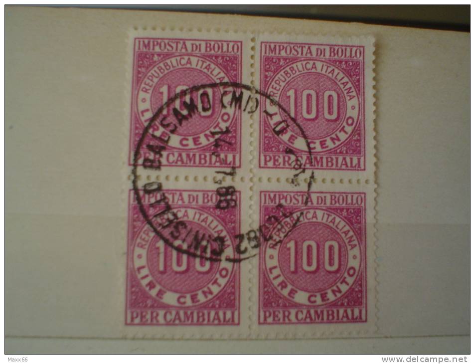 ITALIA REPUBBLICA - USATO  - QUARTINA - IMPOSTA DI  BOLLO PER CAMBIALI -  £ 100 X 4 - - Steuermarken