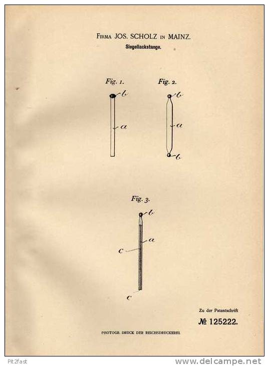 Original Patentschrift - Lackstange Für Siegel , 1901 , Fa. J. Scholz In Mainz !!! - Seals