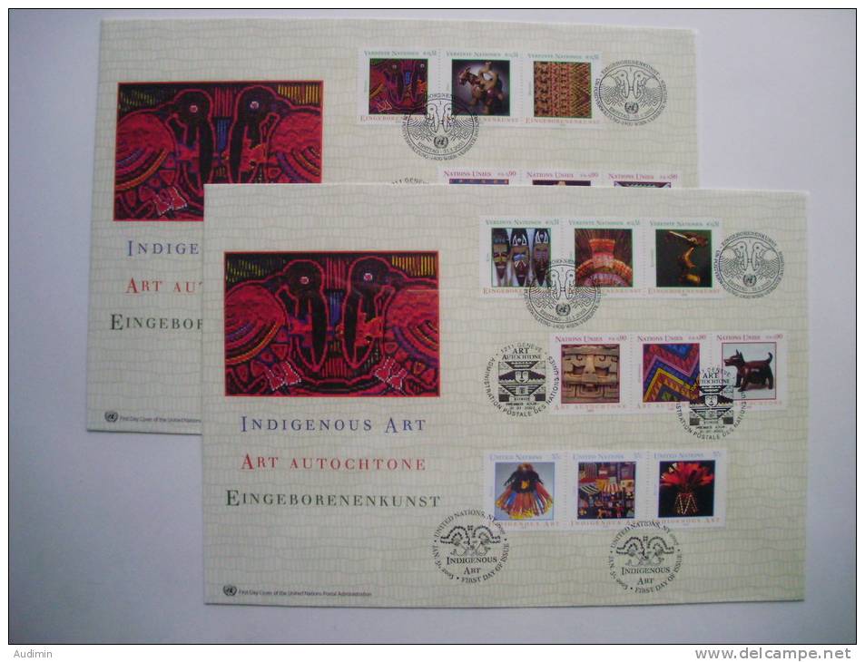 UNO Wien 381/6 TRIO-FDC, Eingeborenenkunst (I) (Genfer Cachet) - New York/Geneva/Vienna Joint Issues