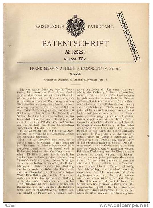 Original Patentschrift - Tintenfaß , Tinte , 1900 , F. Ashley In Brooklyn , USA , Tintenfass !!! - Inkwells
