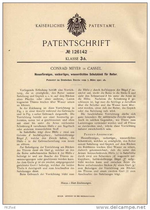 Original Patentschrift - Schutzkleid Für Reiter , 1901 , C. Meyer In Cassel , Hose , Reithose !!! - 1900-1940