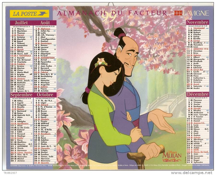 ALMANACH  DU  FACTEUR  1999   Vosges.     Mulan   /   La Petite Sirène. - Grand Format : 1991-00