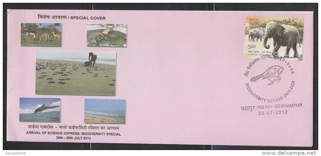 INDIA  2012  DEERS  DOLPHIN  TURTLES  ARRIVAL OF  BIODIVERSITY EXPRESS  ELEPHANT  STAMP COVER  #  40715   Indien Inde - Gibier