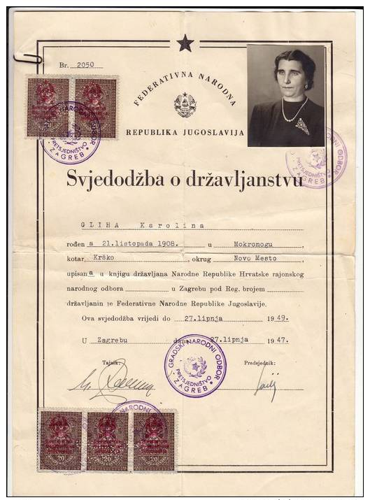 H CERTIFICATE OF CITIZENSHIP FNRJ JUGOSLAVIA NOVO MESTO SLOVENIA - Historical Documents