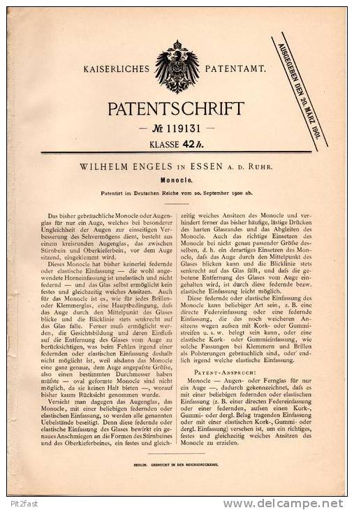 Original Patentschrift - Monocle , 1900 , W. Engels In Essen A.d. Ruhr , Brille , Sehglas , Optiker !!! - Occhiali