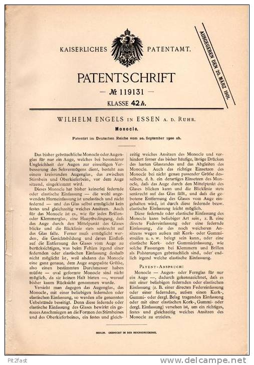 Original Patentschrift - Monocle , 1900 , W. Engels In Essen A.d. Ruhr , Brille , Sehglas , Optiker !!! - Glasses