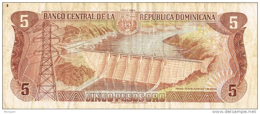 Billete De 5 Pesos Republica Dominicana. Sanchez Y Presa Hidoelectrica - República Dominicana