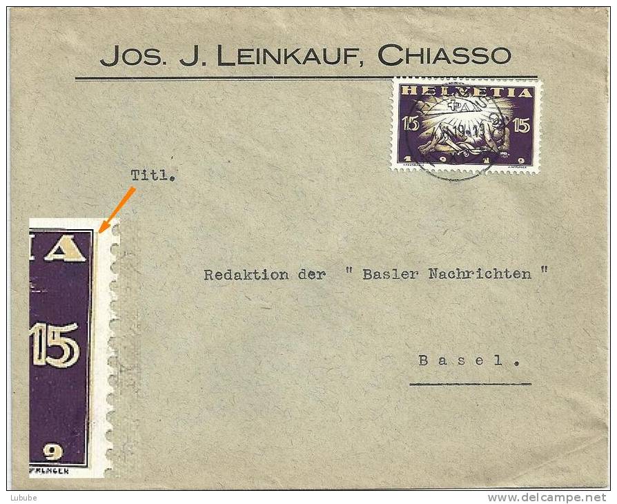 Brief  Chiasso - Basel  (PAX Abart)          1919 - Storia Postale