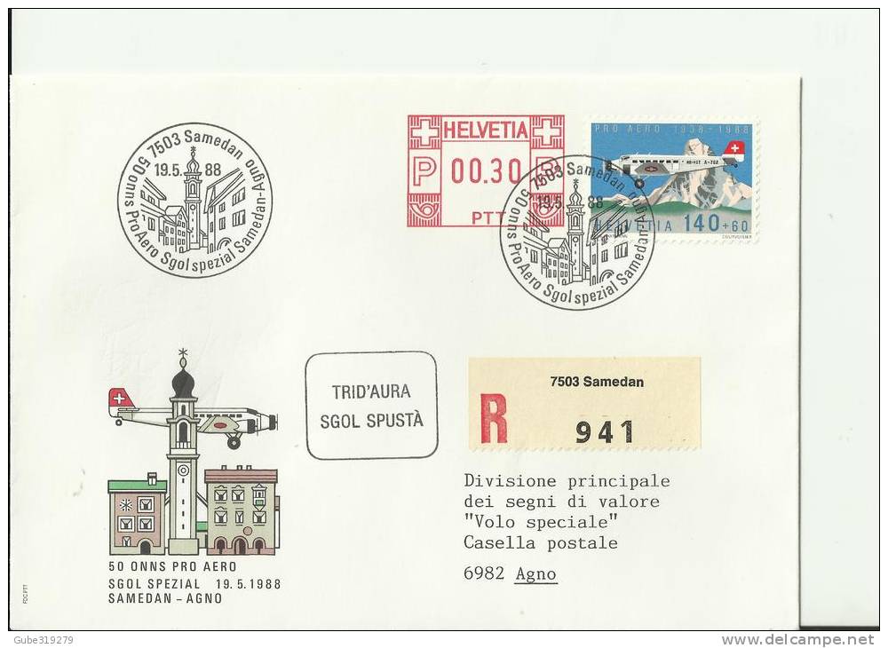 SWITZERLAND PRO AERO 1988- FDC 50 YEARS PRO-AERO - 50 YEARS 1ST FLIGHT SAMEDAN-AGNO  REGISTERED MAY  19, 1988 RE SW 8/1 - Storia Postale