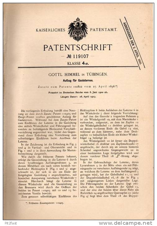 Original Patentschrift - Gottl Himmel In Tübingen , 1900 , Aufzug Für Gaslaternen , Laterne , Lampe !!! - Leuchten & Kronleuchter