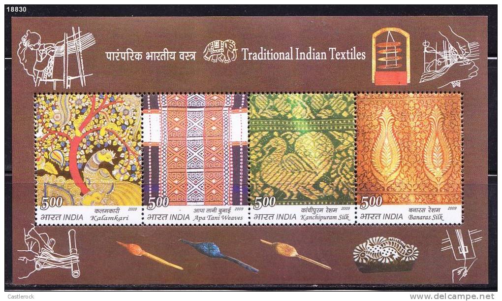 A)INDIA 2009 TRADITIONAL INDIA TEXTILES KALAMKARI,APA TANI WEAVES,KANCHIPURAM,BANARAS SILK MNH MINIATURE SHEET.- - Ungebraucht