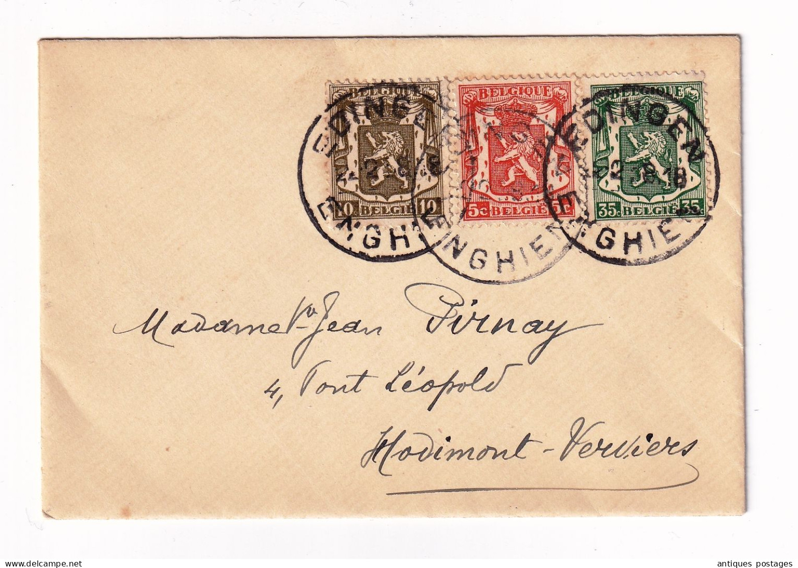 Lettre 1938 Belgique Enghein Edingen - 1929-1937 Heraldischer Löwe