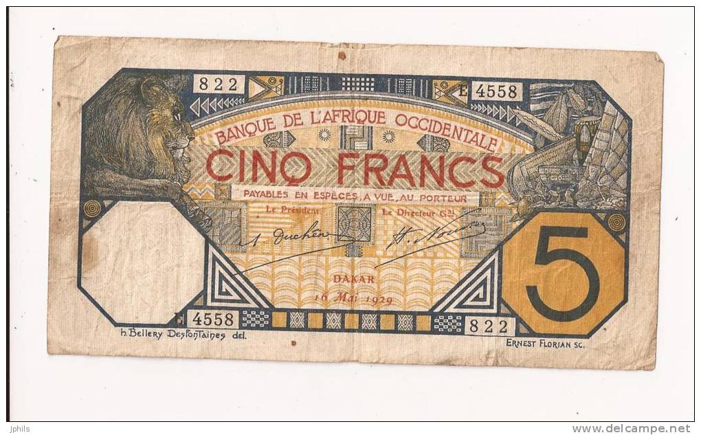 AFRIQUE OCCIDENTALE 5 FRANCS 1929 - Andere & Zonder Classificatie